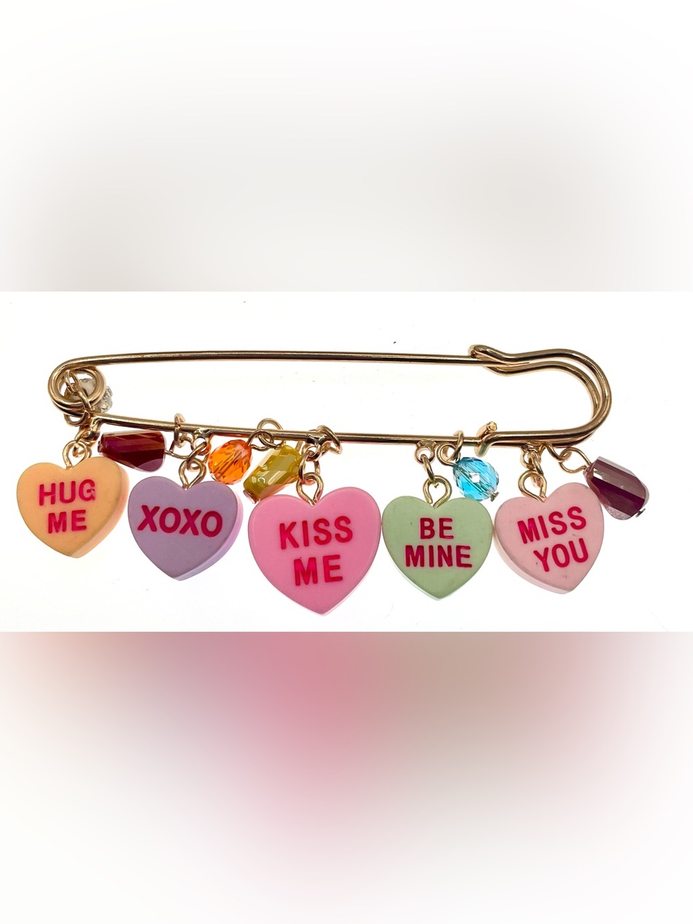 Vintage Valentine Heart Brooch 3” Whimsical Acrylic Hearts Crystal Dangles